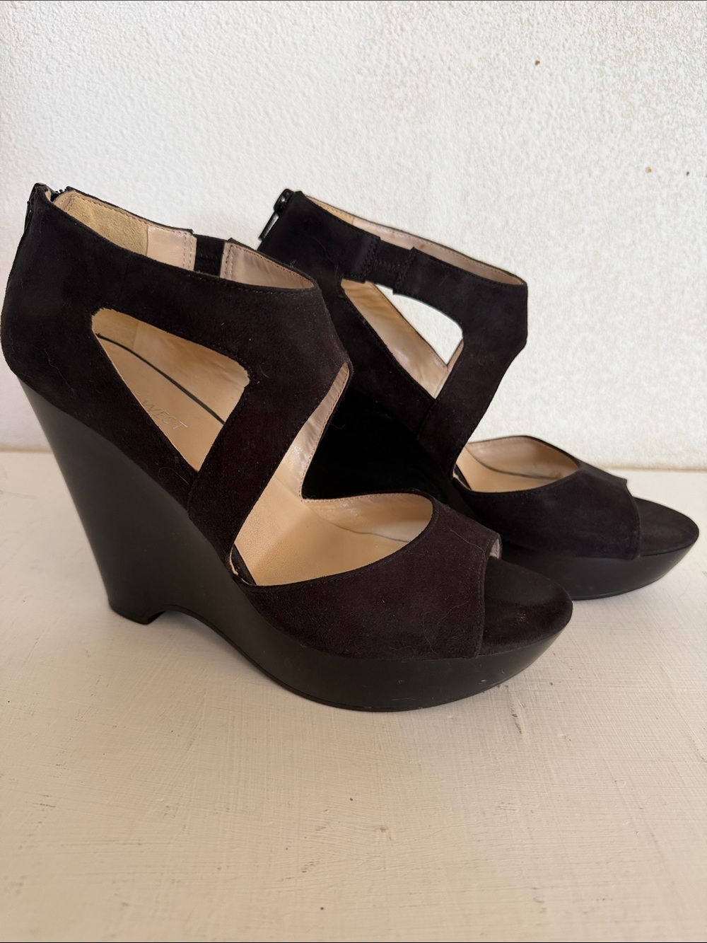 Nine West Black Suede Cutout Wedge Sandals